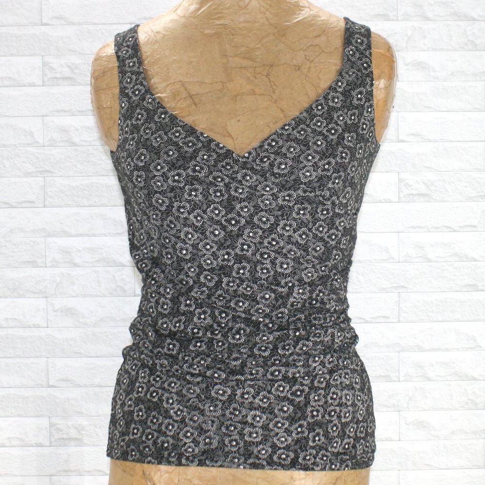 ANN TAYLOR LOFT Blouse Sleeveless Criss Cross Front Floral Black White XS